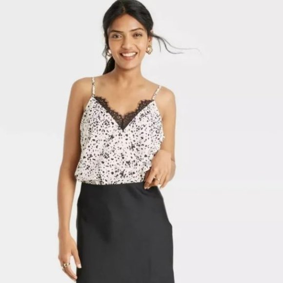 A New Day Spotted Lace Cami Blouse Cream Black Women's Size Large - Picture 1 of 9
